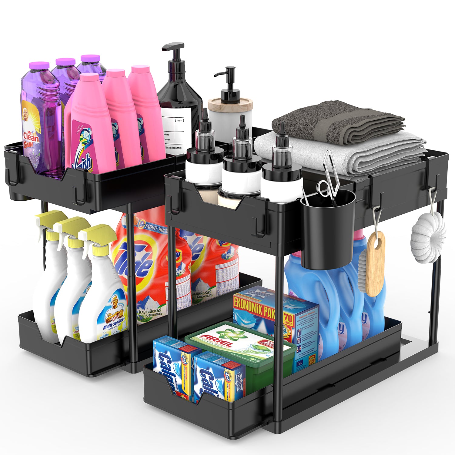 2-Tier Under Sink Organizer, Sliding Storage Drawer Basket Organizer with  Hooks, Hanging Cup, ABS Material
