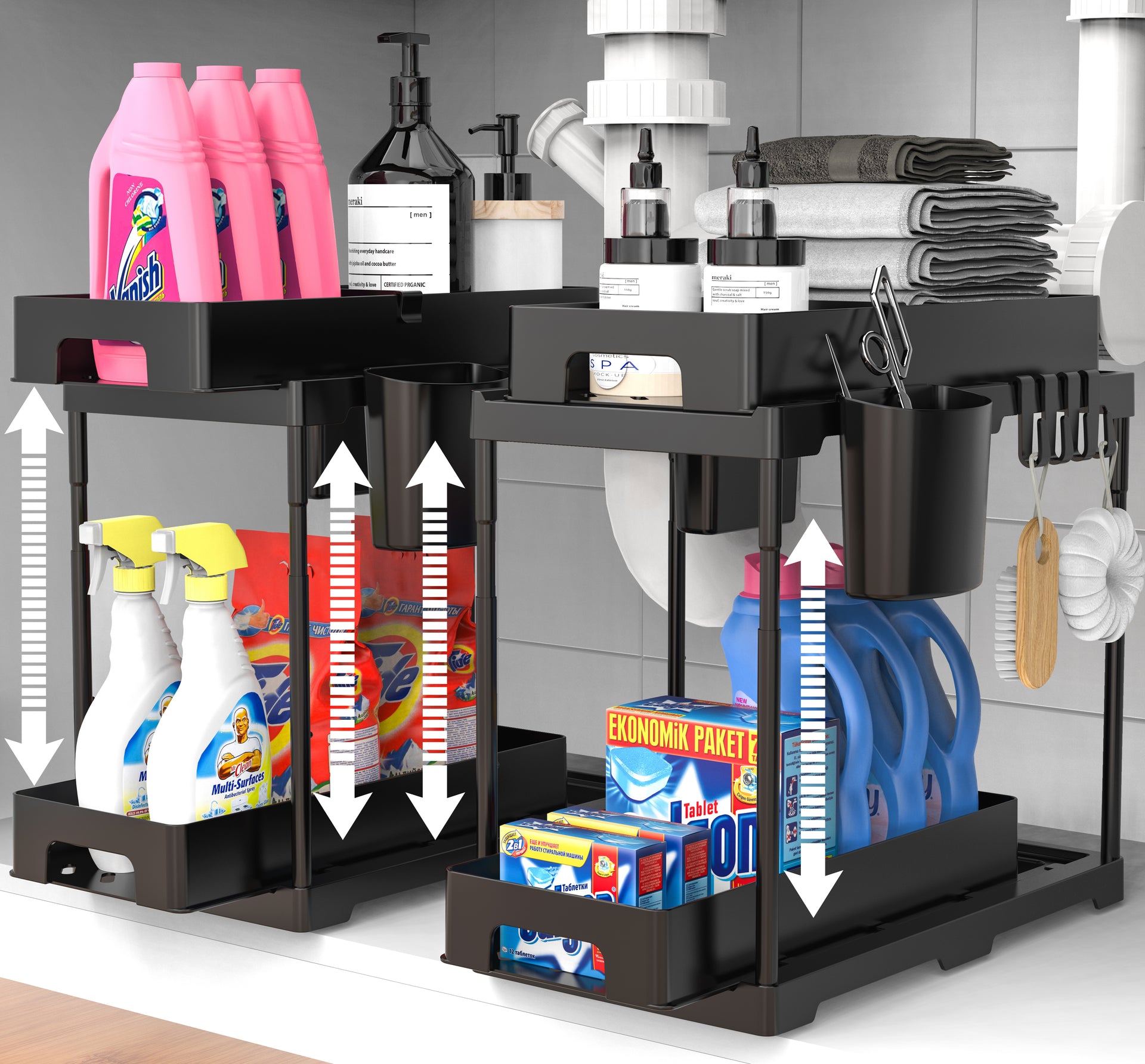 2-tier Sliding Cabinet Organizer With Hooks And Cup For Under Sink